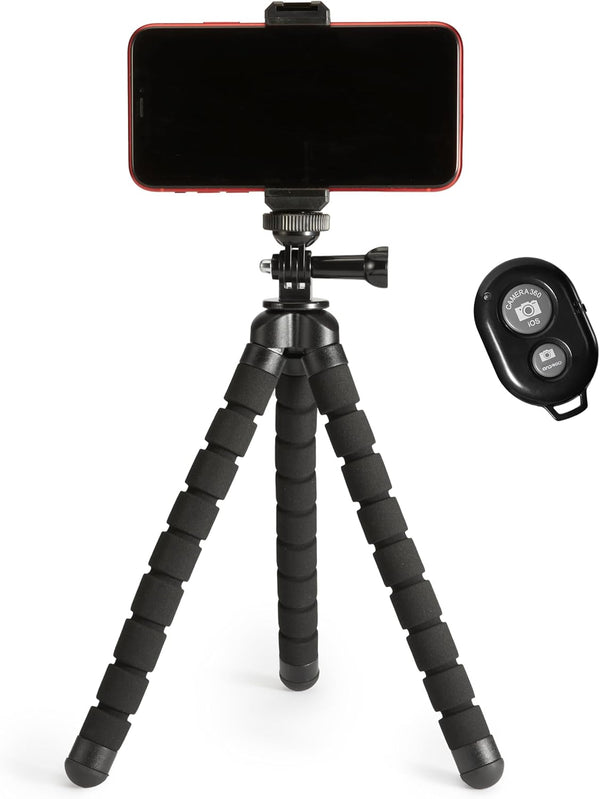 Amazon Basics Portable and Flexible Tripod with Wireless Remote and Smartphone Clamp, 10-inch, Black