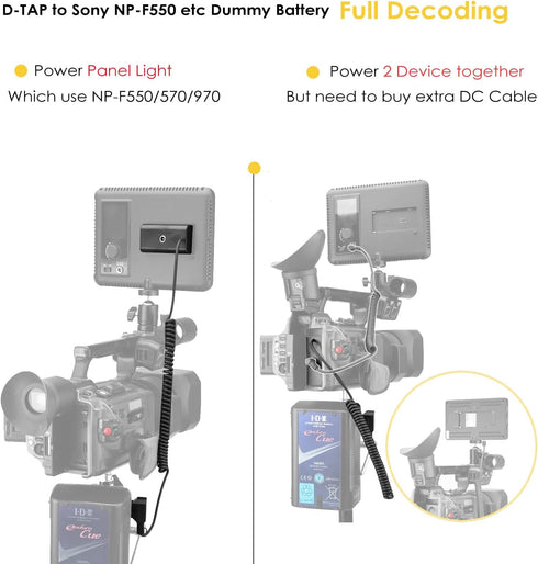 ZALUNERO NP-F970 Dummy NP-F550/770/570 D-Tap to Battery Coiled Power Cable Compatible with Sony Power Panel Light