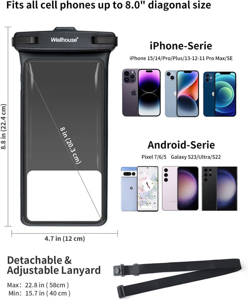 wellhouse Waterproof Phone Pouch, Waterproof Case for iPhone 15/14/13/12 Pro Max XS, IPX8 3D Cellphone Dry Bag,