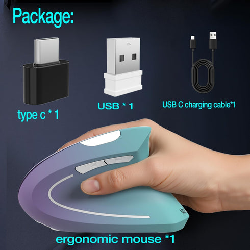 Vassink C(2in 1) 800/1200/1600 6 2.4GHz Ergonomic Wireless Rechargeable Mouse, USB A+Type Connection, DPI, Buttons