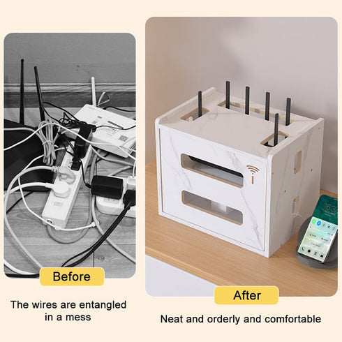 W WWEENUO Wooden Router Shelf, Desktop WiFi Router Storage Box Modem Rack Cover Power Strip and Cable Management Hider