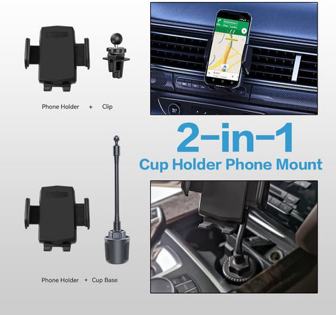 VARGTR 2-in-1 Cup Holder Phone Mount, Universal Adjustable Gooseneck Cup Holder, 360 Rotation, One-Button Release, Fits 4"-7" Phones