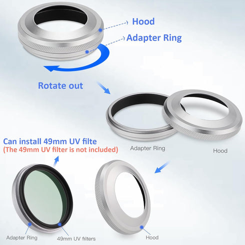 Haoge LH-X51W Ultra-Thin 2in1 All Metal Lens Hood with Adapter Ring Set for Fuji X100VI X100V Camera - Silver
