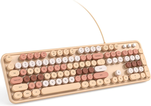 KNOWSQT Wired Computer Keyboard, Milk Tea Colorful Full-Size Round Keycaps Typewriter for Windows, Laptop