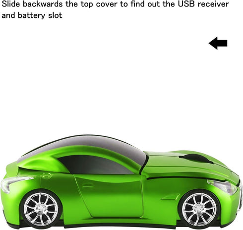 2.4GHz Wireless Optical Mouse in Cool Sport Car Shape, Green, 1600DPI, 3 Buttons, USB Receiver for PC Laptop