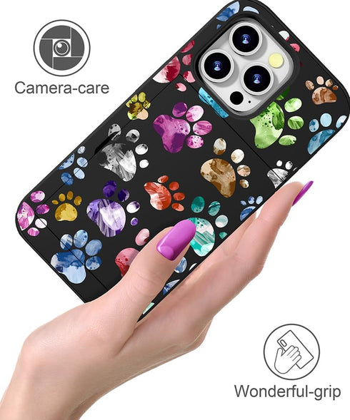 Compatible with iPhone 14 Pro Max Case, Cute Card Holder Slim Wallet Cases for Women, Colorful Doodle Paws