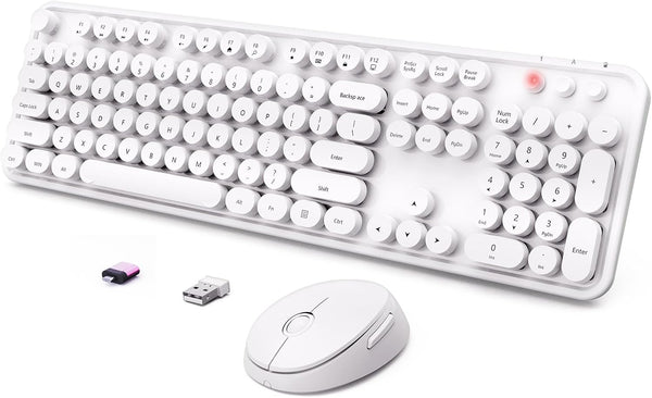 Wireless Keyboard and Mouse Combo, Ergonomic Full Size Typewriter Keyboard with Retro Round Keycaps for Windows