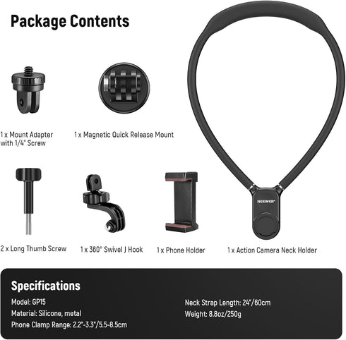 NEEWER Magnetic Neck Mount Holder with Phone Clip, Quick Release POV Action Camera Necklace Mount for GoPro Hero 12 11