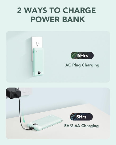 VRURC Portable Charger 10000mAh, Built-in Cables & AC Wall Plug, Compact Lightweight Power Bank for Smart Phones - Green