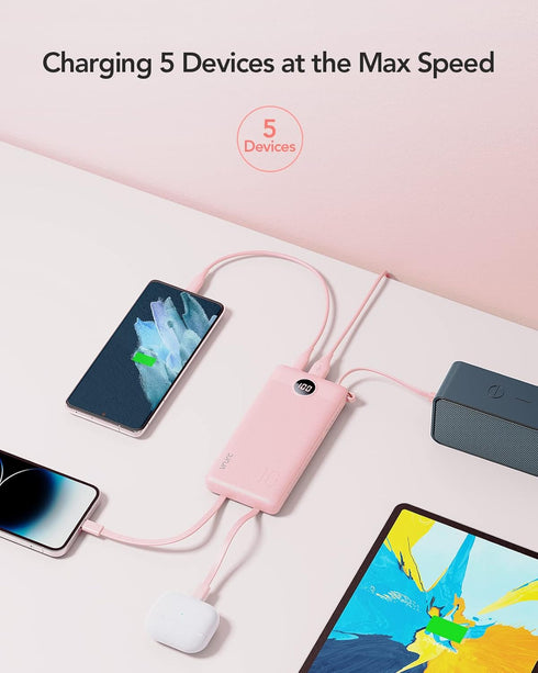 VRURC Portable Charger 10000mAh Slim LED Display Power Bank with 5 Output 2 Input, Built-in Cables, Pink
