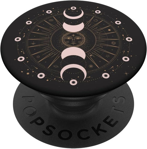 Moon Phases Astrology Space Stars Pattern, Black PopSockets Standard PopGrip