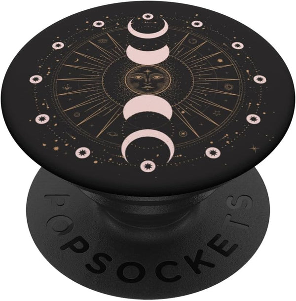 Moon Phases Astrology Space Stars Pattern, Black PopSockets Standard PopGrip