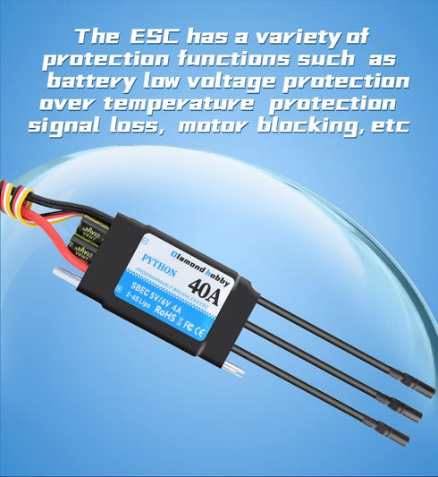 40A 2-4S 5V/6V 4A XT60 3.5mm DH Waterproof Brushless ESC Electronic Speed Controller with BEC and Banana Head Connector