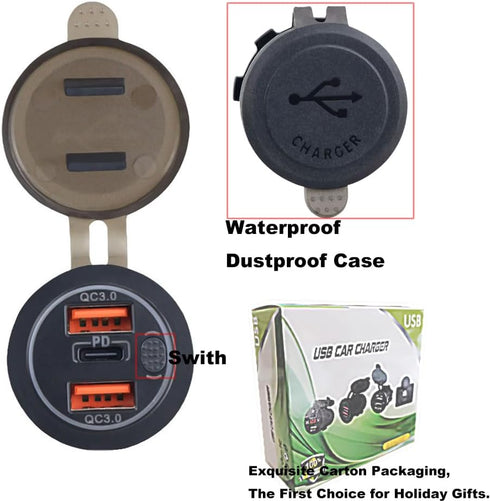 3 Ports 18W USB Car Charger with Switch - 12-24V Dual QC 3.0 USB & PD USB C Cigarette Lighter Socket, Dashboard Mount