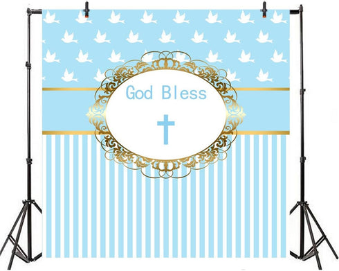 Yeele 4x4ft Cross God Bless Backdrops for Photography, Infant Baptism Peace Pigeon Blue Stripes Background for Baby
