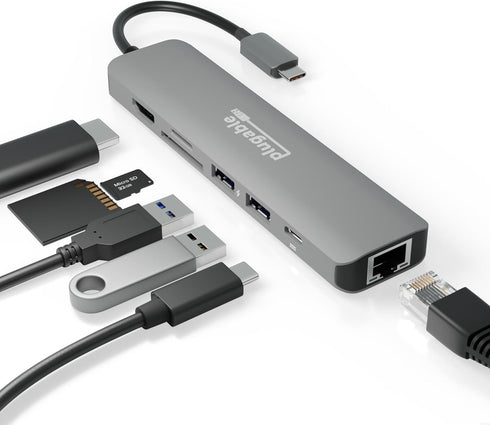 Plugable 7-in-1 USB C Hub Multiport Adapter, Ethernet Compatibility with Mac, Windows, iPhone 15, 100W Charging