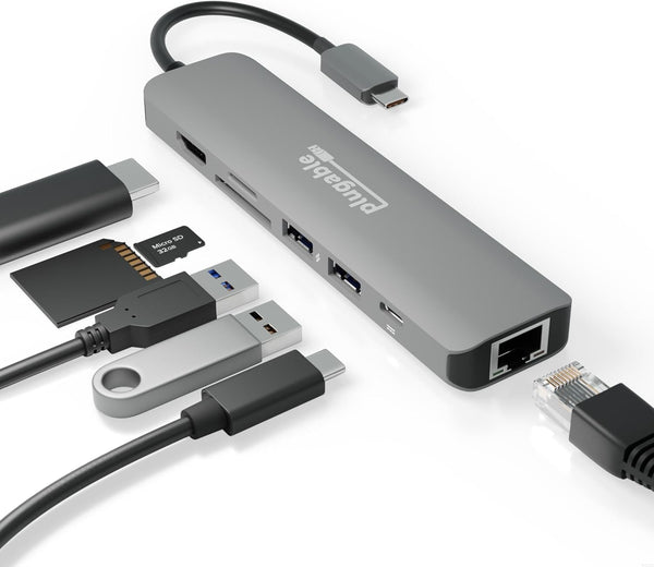 Plugable 7-in-1 USB C Hub Multiport Adapter, Ethernet Compatibility with Mac, Windows, iPhone 15, 100W Charging