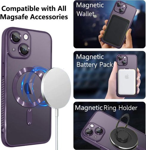 KANGHAR Case Designed for iPhone 15 Plus Magnetic Clear Full Camera Protector Cover Anti-Yellowing Shockproof Slim Case for Women Men Compatible with MagSafe Cover 15 Plus Deep Purple