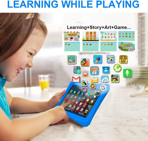 PRITOM 7 inch Kids Tablet, Quad Core Android OS, 32GB, WiFi, Bluetooth, Kids Software Pre-Installed, Dark Blue