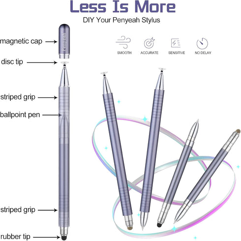 Stylus Pen for Touch Screens, Penyeah 3 in 1 Magnetic Disc/Rubber/Hard Mesh Tip Stylus,Universal High Precison Touch Screen Pen Stylist for All Capacitive Touch Screens-Gray