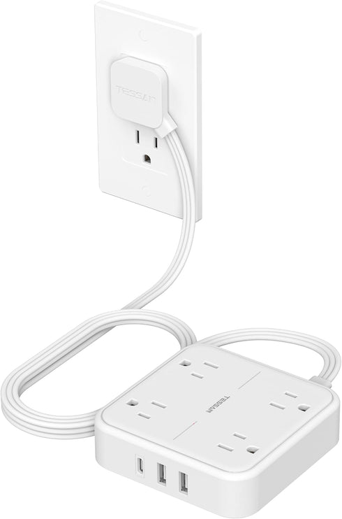 TESSAN Surge Protector Flat Extension Cord 5FT with 4 Outlets, 3 USB C Ports (1 USB C), 900 Joules Protection, White