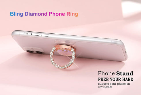 Glitter Bling Bling Phone Ring Holder, Sparkle Grip with Flat Diamond, Rhinestone Cell Finger Ring for Phones (Rose