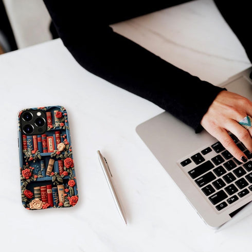 DJSOK 14 Compatible with iPhone Pro Max,Glossy PC Anti-Scratch Shockproof Case - Bookshelf Floral Fabric Library