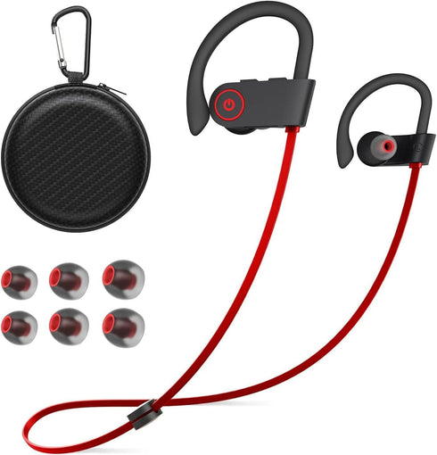 Red Bluetooth Headphones - Wireless Earbuds with Mic, 16H Playtime, IPX7 Waterproof, Stereo Sound for Sports & Workouts.