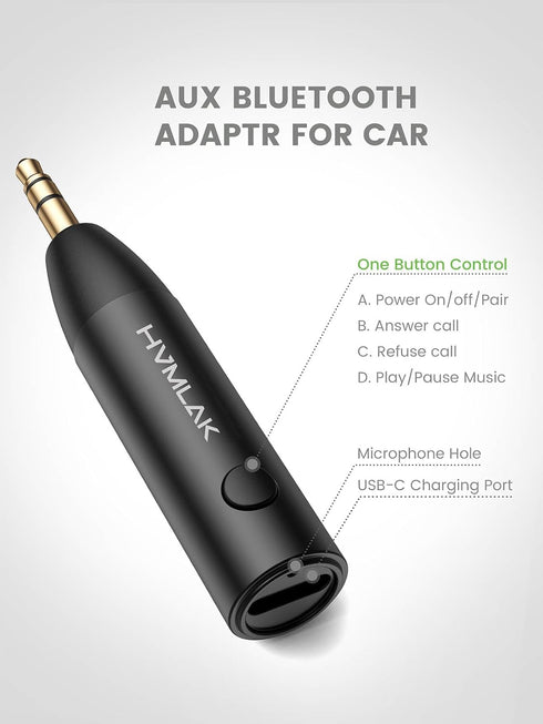 Bluetooth 5.3 Aux Adapter, Car Bluetooth Receiver with Stronger Microphone, 3.5mm Jack for Car Home Stereo, USB-C