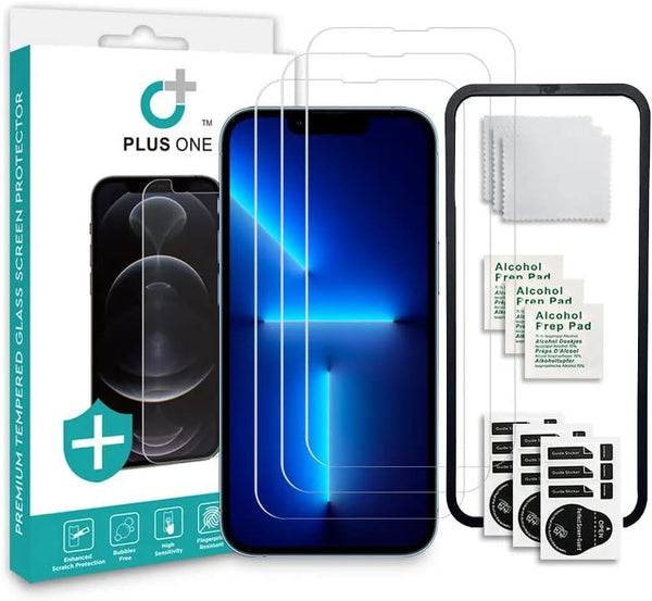 iPhone 14 Screen Protector Tempered Glass (3 Pack) with Easy Installation Frame.
