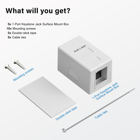 iwillink 1-Port Keystone Jack Surface Mount Box, White, 5-Pack