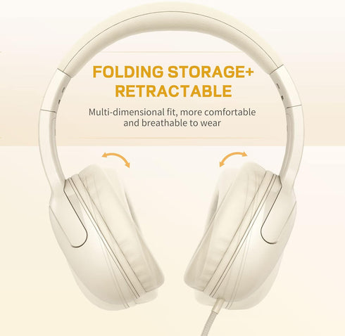 LORELEI E5 Foldable Wired Headphones for Kids - Tangle-Free 3.5mm Jack Stereo On-Ear Headsets (Beige White)