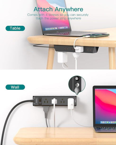 Flat Wall Plug Extension Cord - Surge Protector Power Strip with 12 Outlets, 5ft Desk Charging Station for Home Office