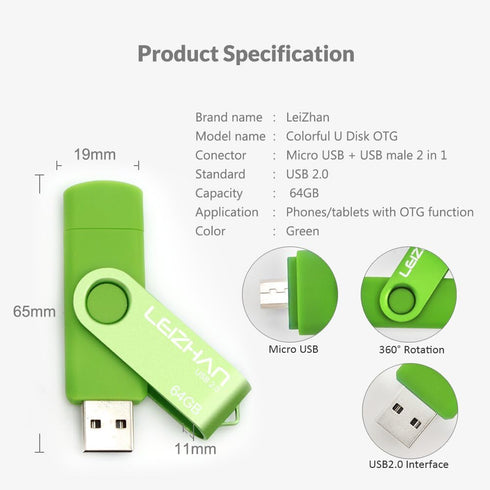 LEIZHAN Micro USB Flash Drive OTG Pen Drive 32GB for Samsung Galaxy S7, S7Edge, S6, S6 Edge (Green)