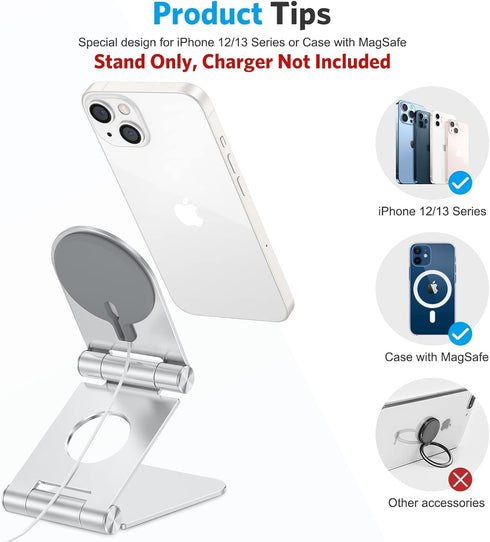 Stand for MagSafe Charger, OMOTON Foldable Phone Stand Holder for MagSafe Accessories, Not Include Charger or Cable, Compatible with iPhone 15/14/13/12 Pro Max/Pro/Mini, Silver