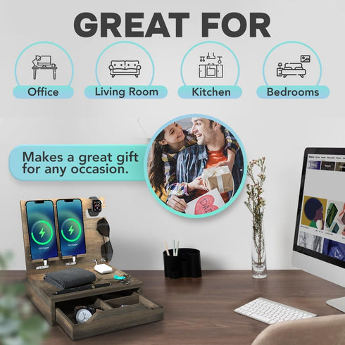 Nightstand Organizer - Bedside Holder for 2 Cellphones or 1 Tablet, Smart Watches, Headphones, Ideal Gifts for Men