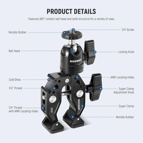 Neewer Super Clamp with Ballhead, Cold Shoe, Phone Holder, Action Camera Mount Adapter for GoPro DJI iPhone 15 Pro Max