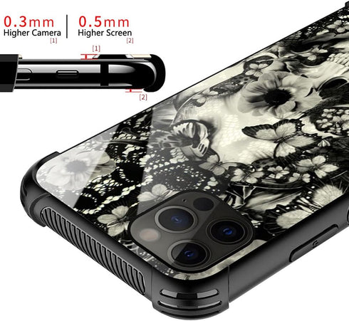 ZHEGAILIAN Victorian Gothic Lace Skull Case for iPhone 13 Pro Max, Tempered Glass Back + Soft Silicone TPU Protection