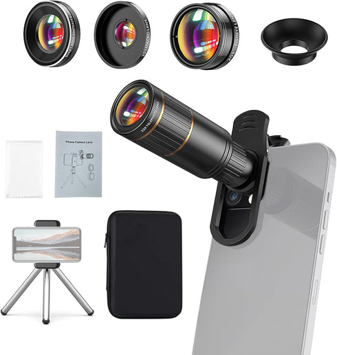 Andoer 4-in-1 Phone Lens Kit, External Phone Camera Lens Set with 22X Telephoto, 205° Fisheye, 4K Wide Angle, 25X Macro