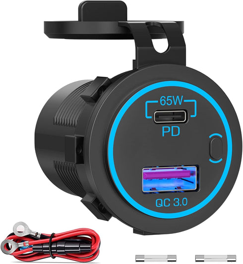 OUFFUN 83W Laptop Car Charger Socket, 12V USB Outlet with Power Switch, Waterproof DIY USB Port for Car RV Boat