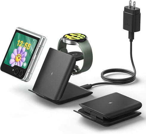 Wireless Charger for Samsung Galaxy Z Flip, 2 in 1 Foldable Travel Fast Charging Stand for Galaxy Z Flip 6/5/4/3,
