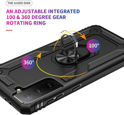 Military Grade Drop Impact Case for Samsung Galaxy S21 Plus, 360 Metal Rotating Ring Kickstand Holder, Armor Heavy Duty