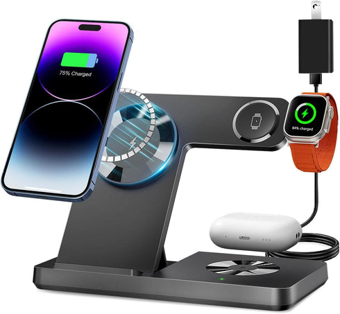 Magnetic 3 in 1 Charging Station for Multiple Devices, Mag-Safe Wireless Charger for iWatch & AirPods Pro 3 2, Foldable