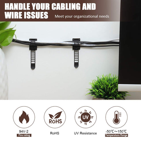 Adhesive Cable Management Clips, 100Pcs Adjustable Nylon Cable Strap Ties with Strong Adhesive Tape for Home Office