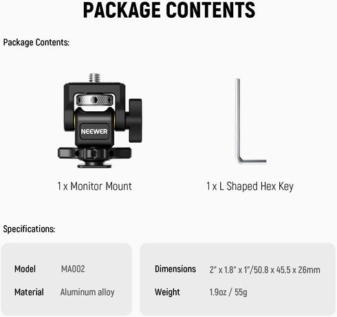 NEEWER Camera Monitor Mount with Cold Shoe, 1/4" Screw for 5" & 7" Field Monitor - Compatible with Atomos Ninja V, 360°