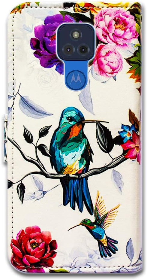 Case for Moto G Play 2021, Hummingbird in Flowers Leather Flip Phone Case Wallet Cover with Card Slot