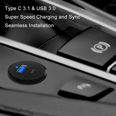 Type C 3.1 & USB 3.0 Car USB Port Mount, Flush Cable Male to Female, Dashboard Panel Extension for Car, Boat,