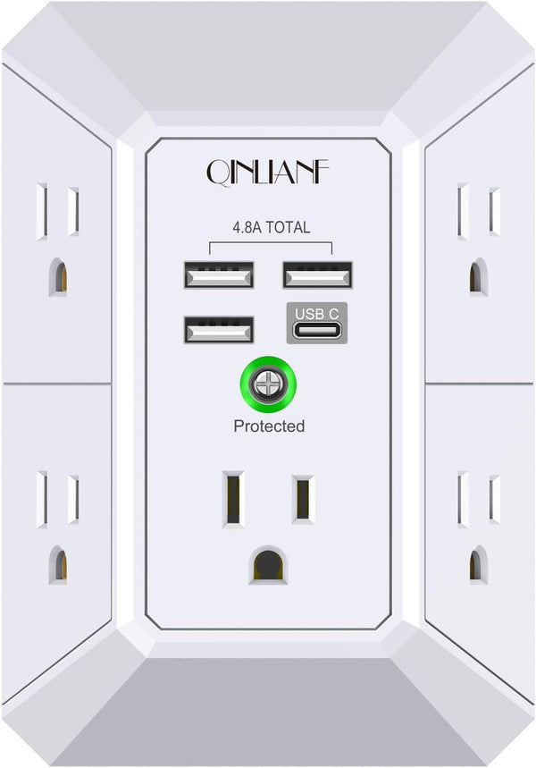 Wall Charger Surge Protector, QINLIANF 5 Outlet Extender with 4 USB Charging Ports for Home Travel Office