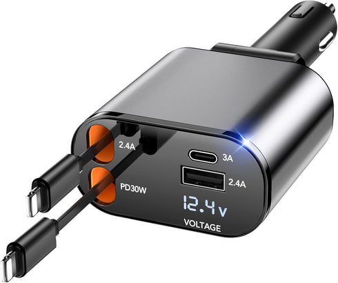 Retractable Car Charger, 4 in 1 60W with 2.6Ft Cables and 2 USB Ports, Compatible with iPhone 16/15/14/13/12/11