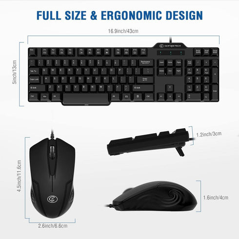 Gofreetech Wired Keyboard and Mouse Combo, Full-Size USB Plug-and-Play Optical Mouse for Desktop and Laptop
